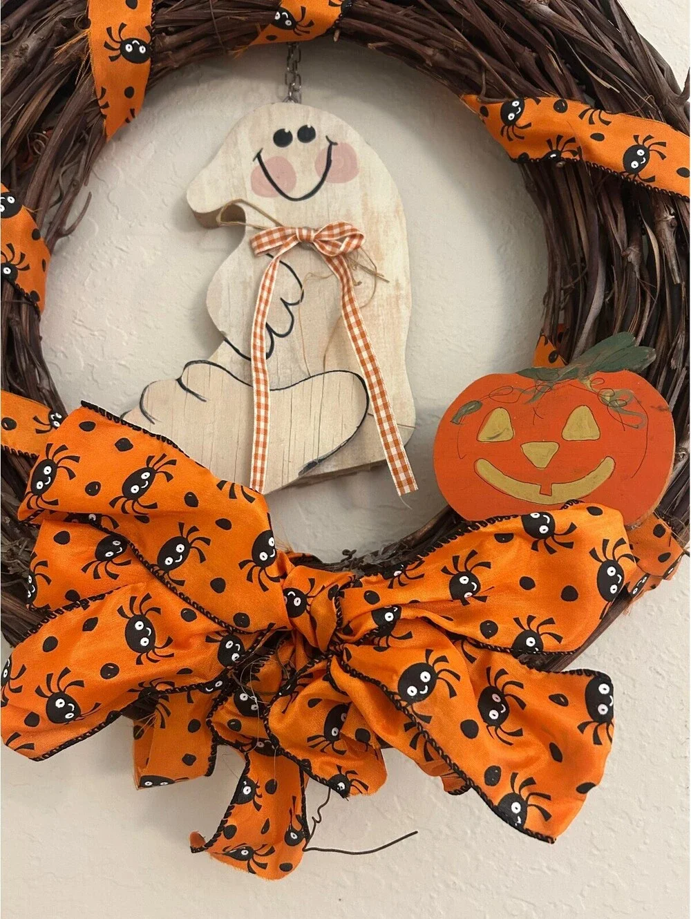 Handmade Halloween Grapevine Wreath Ghost Pumpkin Spider Ribbon Fall Door Decor
